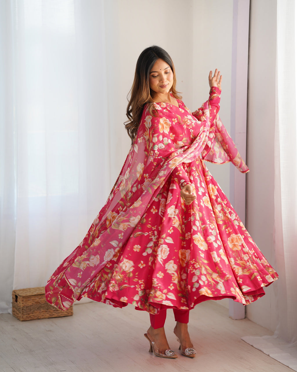 Lorenvalley Magenta Soft Organza Silk With Floral Print Fully Flared Anarkali Pant With Dupatta Set | Grocsy