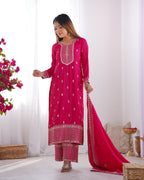 Lorenvalley Magenta Chinon Silk Embroidery Sequence and Jari Work Kurta Trousers with Dupatta Set | Grocsy