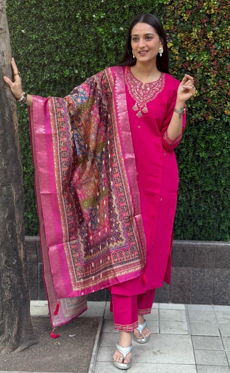 Lorenvalley Fashion Magenta Roman Silk Embroidery Multi Work Kurta Pant with Dupatta | Grocsy