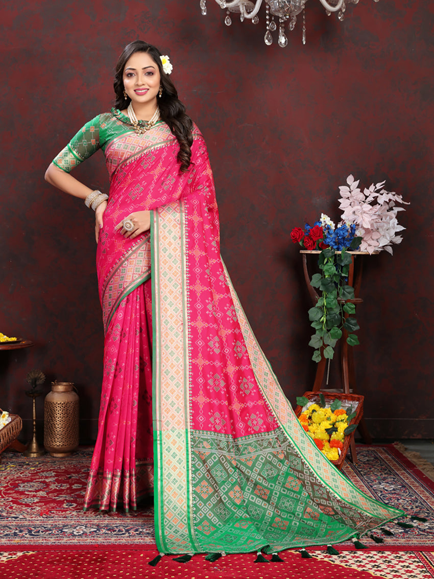 Lorenvalley Fashion Magenta Patola Silk Woven Design with Zari Meenakari Weaving motifs Pallu Saree | Grocsy