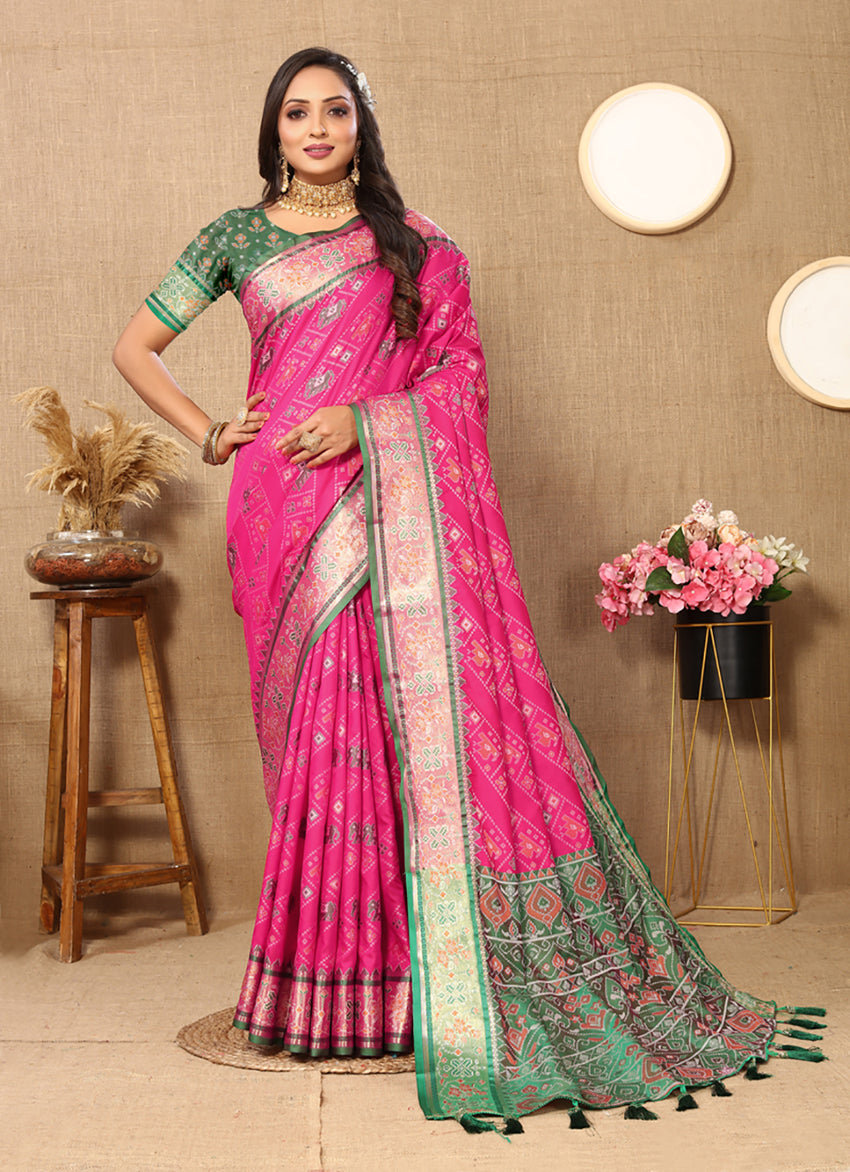 Lorenvalley Fashion Magenta Patola Silk Woven Design with Zari Meenakari Weaving motifs Pallu Saree | Grocsy