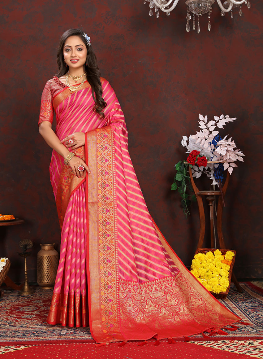 Lorenvalley Fashion Magenta Organza Silk Woven Design with Rich Meenakari Weaving Pallu Saree | Grocsy