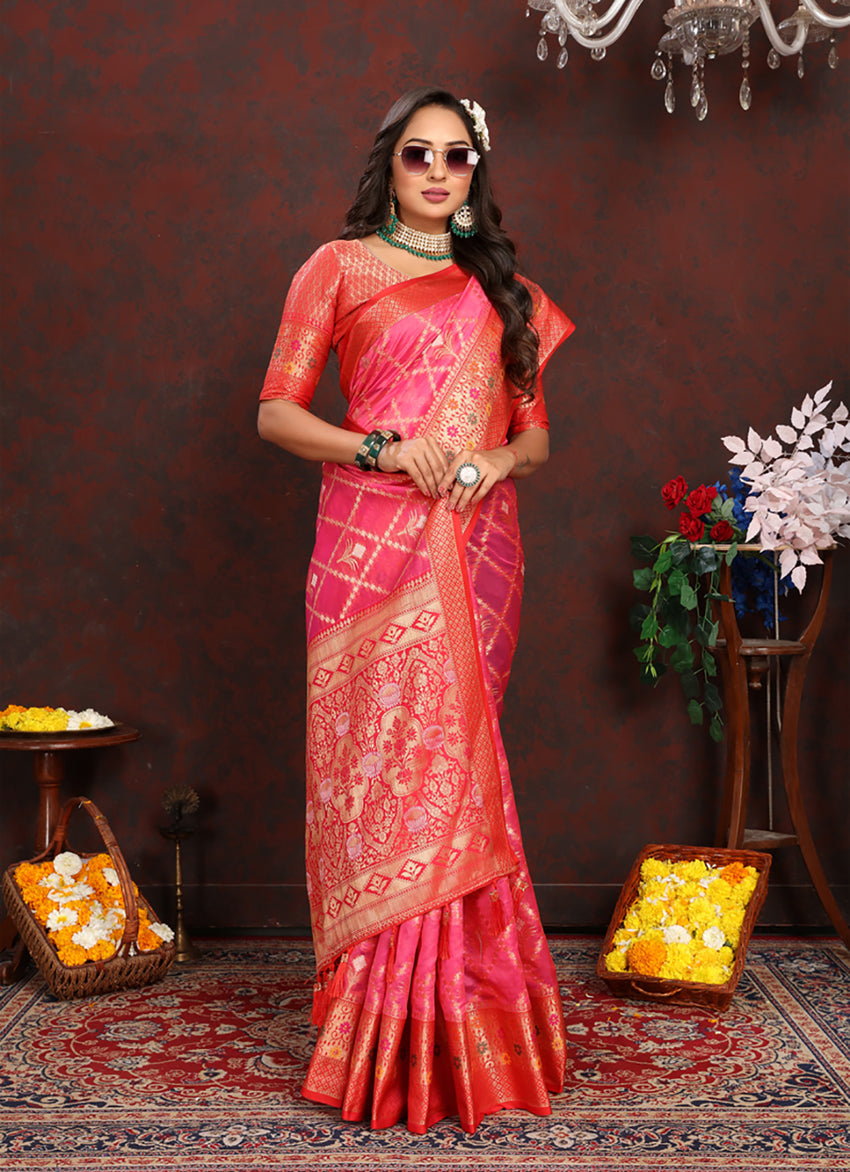 Lorenvalley Fashion Magenta Organza Silk Woven Design with Rich Meenakari Weaving Pallu Saree | Grocsy