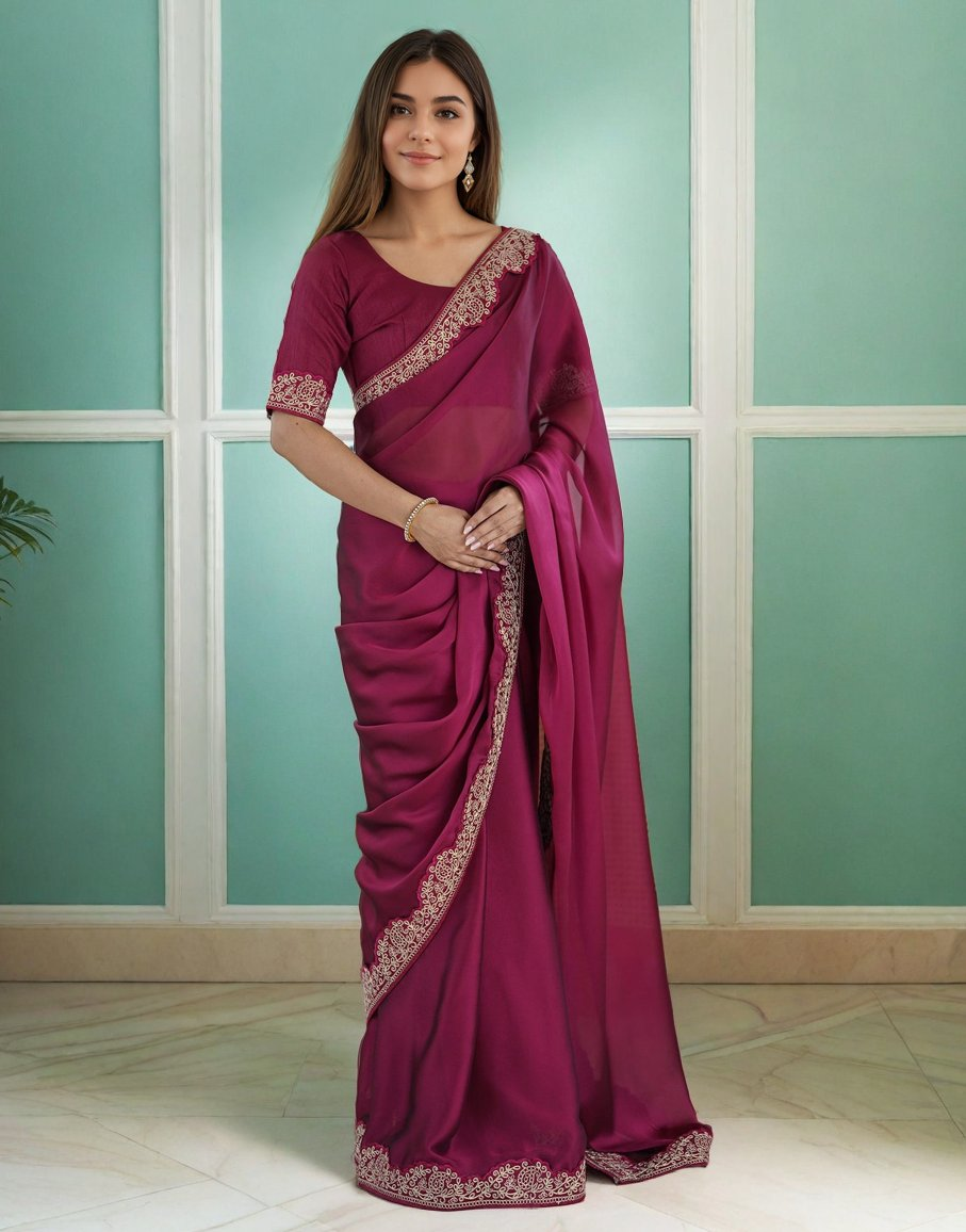 Lorenvalley Fashion Dark Magenta Rangoli Silk with Coding Lace Work Saree with Blouse | Grocsy