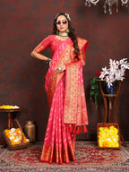 Lorenvalley Fashion Magenta Organza Silk Woven Design with Rich Meenakari Weaving Pallu Saree | Grocsy