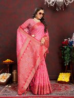 Lorenvalley Fashion Magenta Organza Silk Woven Design with Rich Meenakari Weaving Pallu Saree | Grocsy