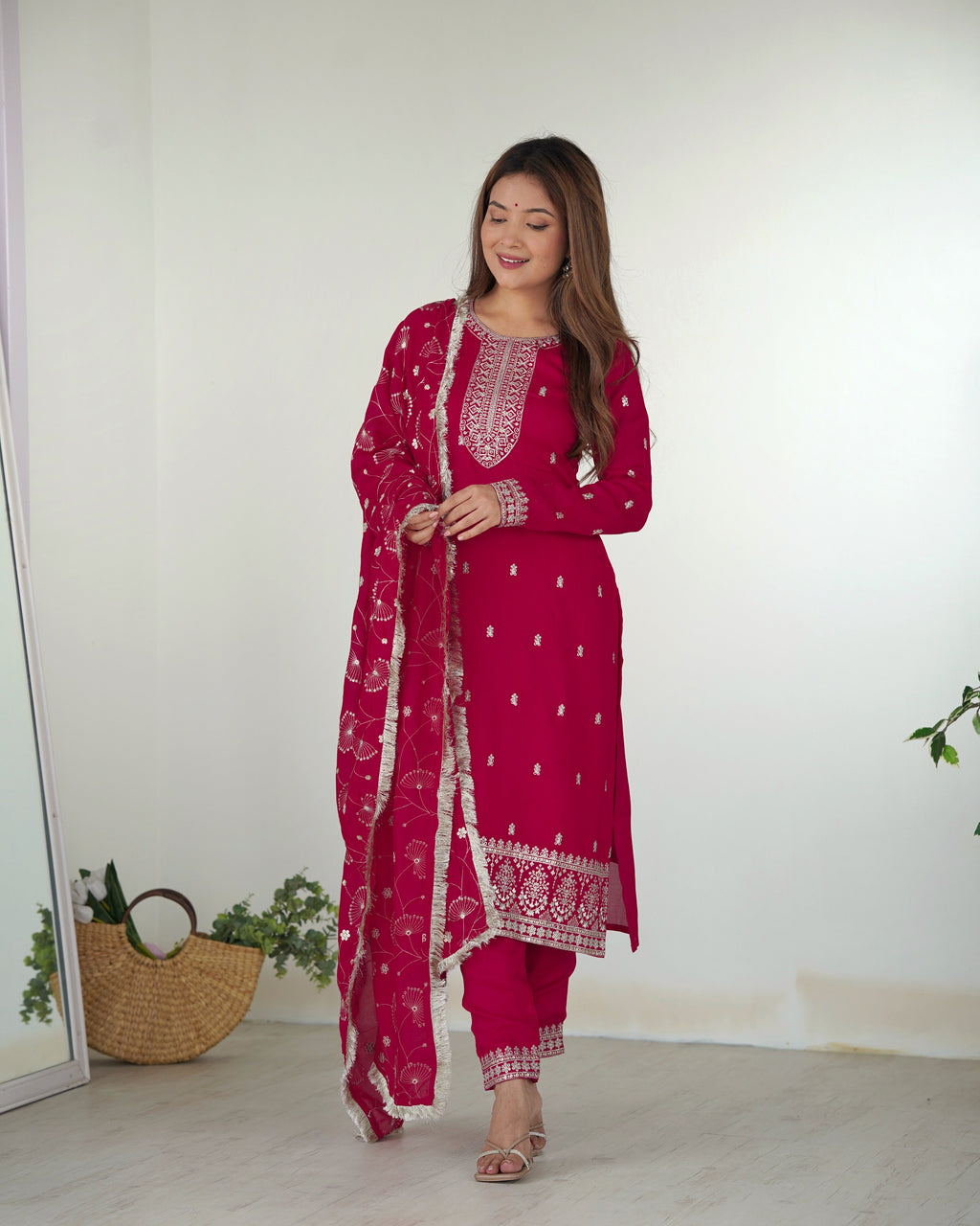 Lorenvalley Magenta Rangoli Silk Embroidery Sequence and Jari Work Kurta Trousers with Dupatta Set | Grocsy