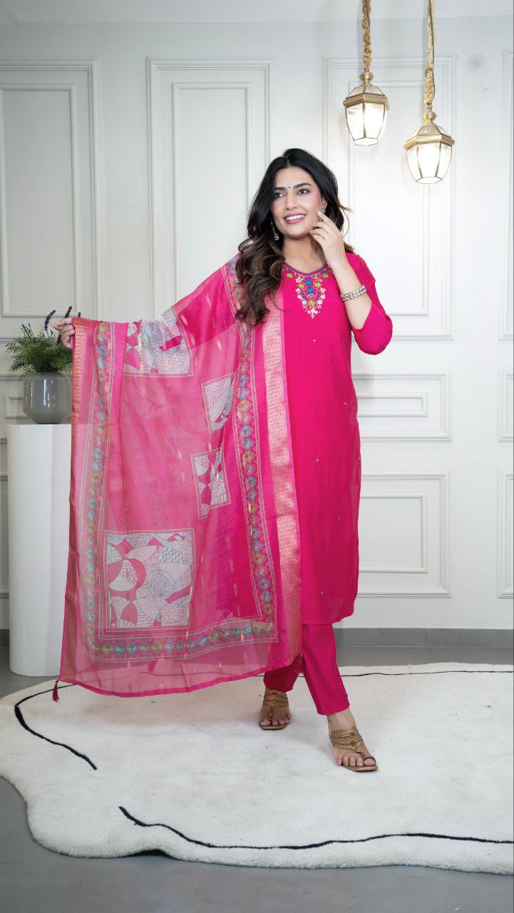 Lorenvalley Fashion Magenta Roman Silk Hand Work Kurta Pant with Dupatta | Grocsy