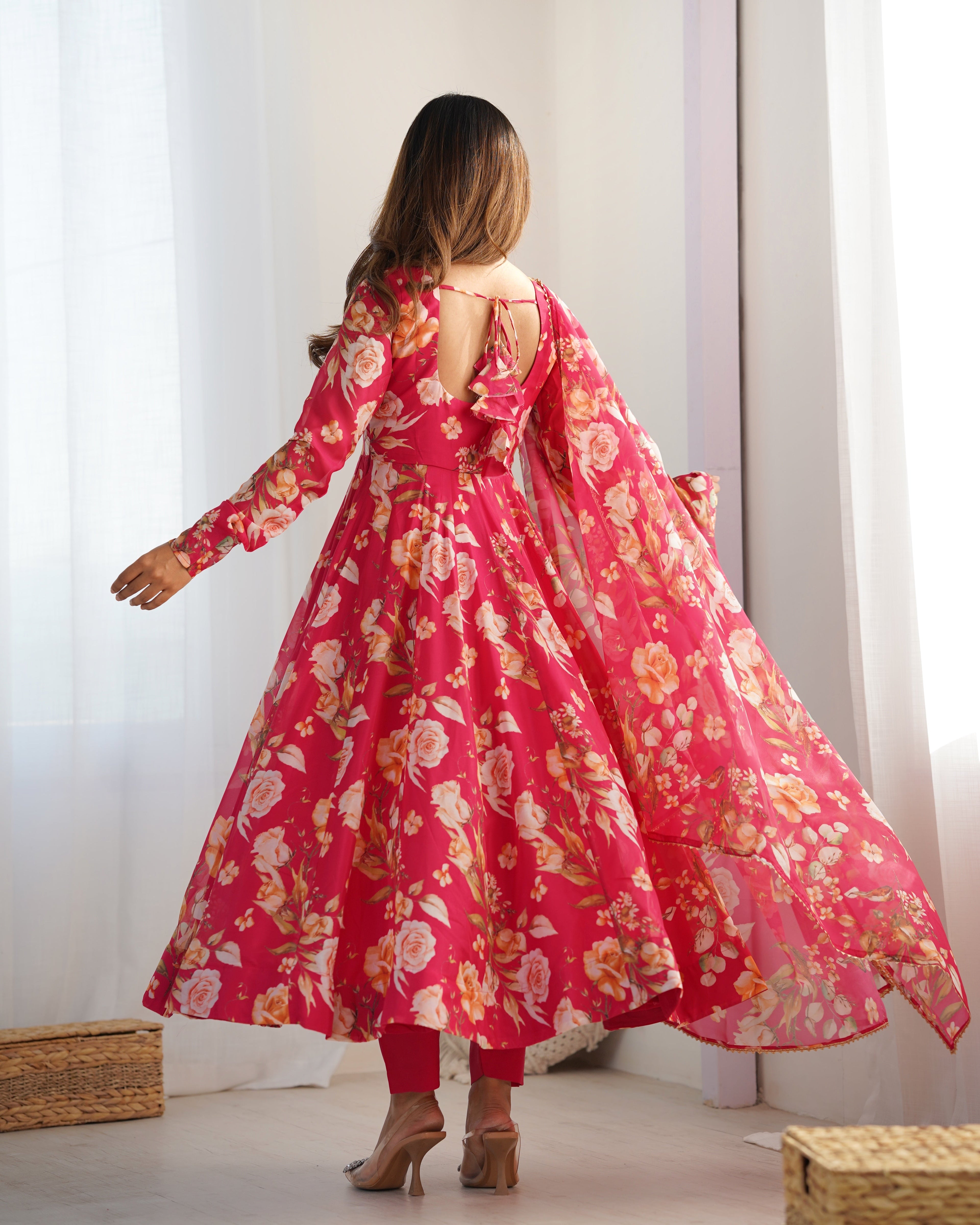 Lorenvalley Magenta Soft Organza Silk With Floral Print Fully Flared Anarkali Pant With Dupatta Set | Grocsy