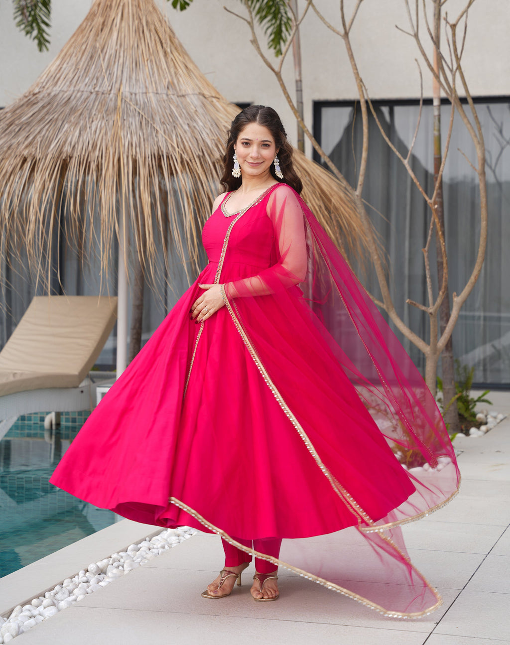 Lorenvalley Magenta Pure Romansilk Chanderi Fabric Yoke Fancy Lace Work Anarkali Kurta Pant With Dupatta Set | Grocsy