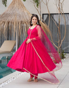 Lorenvalley Magenta Pure Romansilk Chanderi Fabric Yoke Fancy Lace Work Anarkali Kurta Pant With Dupatta Set | Grocsy