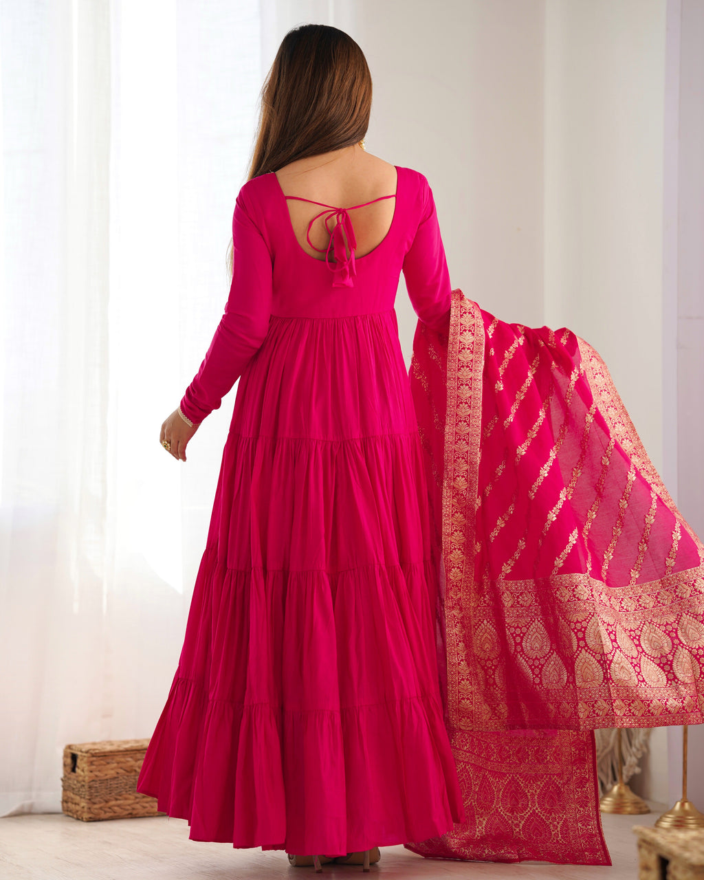 Lorenvalley Women Pure Roman silk Chanderi Fabric Layer Gathering Anarkali Kurta Pant With Dupatta Set - Magenta | Grocsy