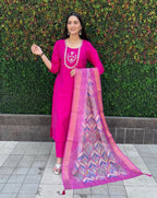 Lorenvalley Fashion Magenta Roman Silk Hand Work Kurta Pant with Dupatta | Grocsy
