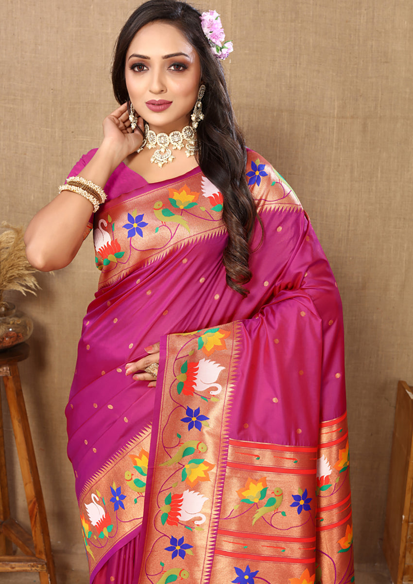 Lorenvalley Fashion Magenta Soft Paithani Silk Woven Design Rich Zari Meenakari Weaving Saree | Grocsy