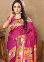 Lorenvalley Fashion Magenta Soft Paithani Silk Woven Design Rich Zari Meenakari Weaving Saree | Grocsy