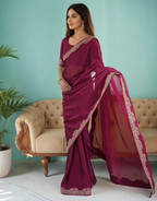 Lorenvalley Fashion Dark Magenta Rangoli Silk with Coding Lace Work Saree with Blouse | Grocsy