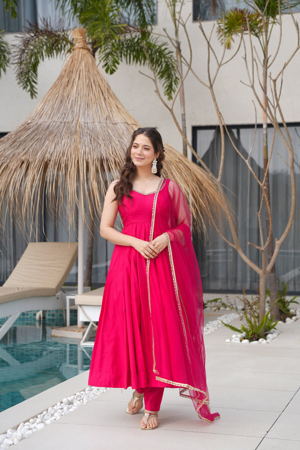 Lorenvalley Magenta Pure Romansilk Chanderi Fabric Yoke Fancy Lace Work Anarkali Kurta Pant With Dupatta Set | Grocsy