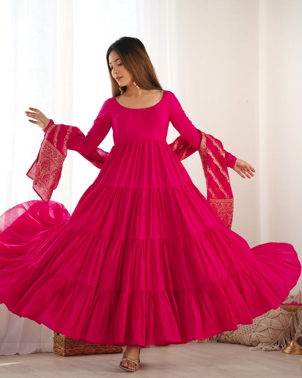 Lorenvalley Women Pure Roman silk Chanderi Fabric Layer Gathering Anarkali Kurta Pant With Dupatta Set - Magenta | Grocsy