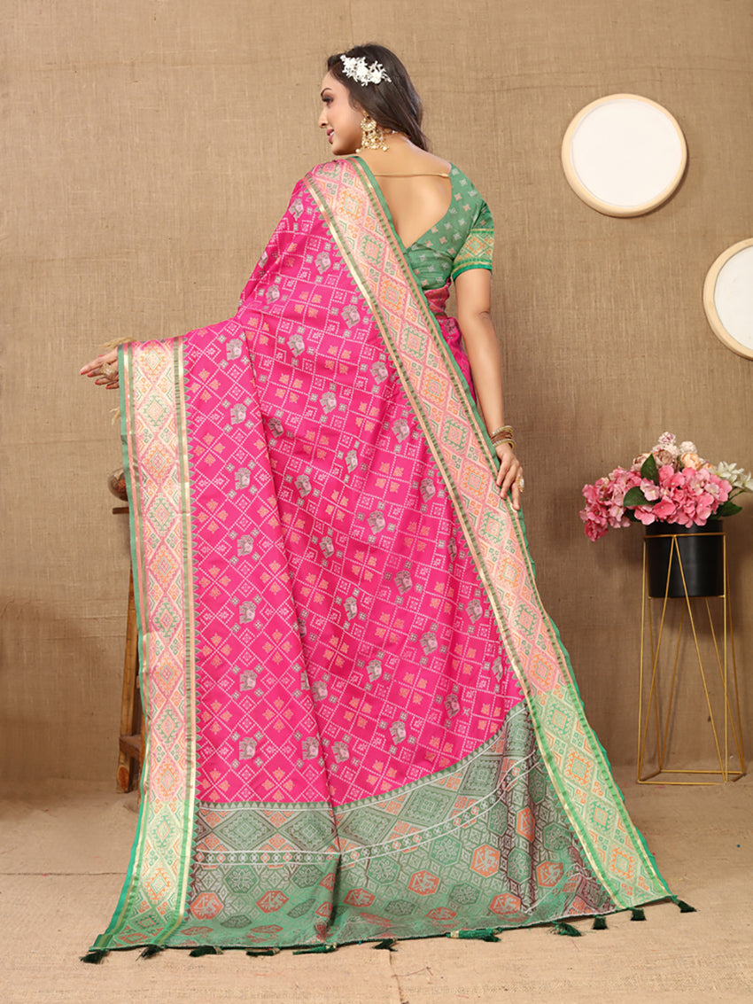 Lorenvalley Fashion Magenta Patola Silk Woven Design with Zari Meenakari Weaving motifs Pallu Saree | Grocsy