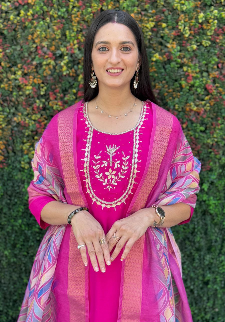 Lorenvalley Fashion Magenta Roman Silk Hand Work Kurta Pant with Dupatta | Grocsy