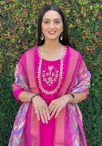Lorenvalley Fashion Magenta Roman Silk Hand Work Kurta Pant with Dupatta | Grocsy