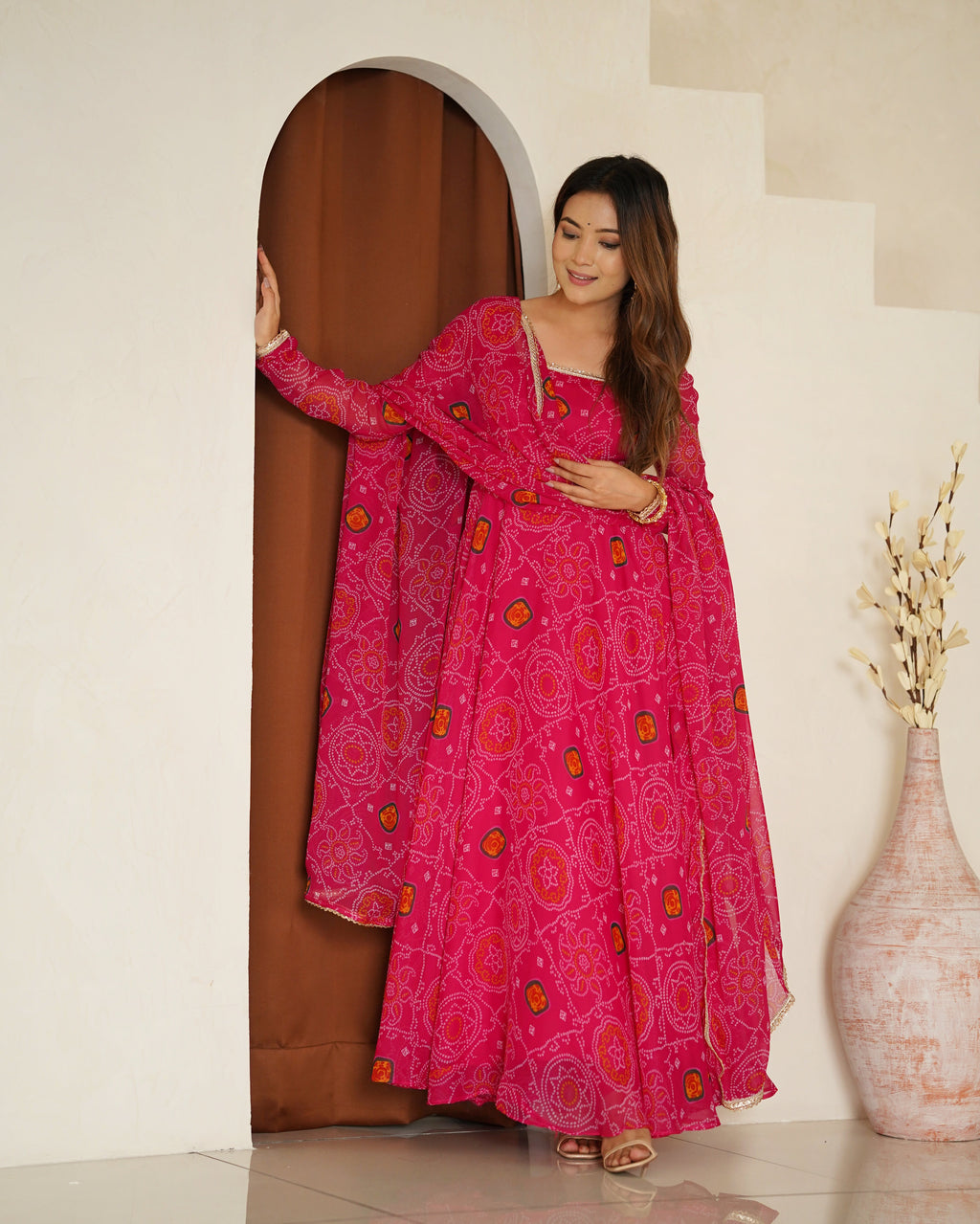 Lorenvalley Women Soft Lightweight Chiffon Bandhej Print Fabric Anarkali Kurta Pant With Dupatta Set | Grocsy