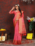 Lorenvalley Fashion Magenta Organza Silk Woven Design with Rich Meenakari Weaving Pallu Saree | Grocsy