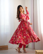 Lorenvalley Magenta Soft Organza Silk With Floral Print Fully Flared Anarkali Pant With Dupatta Set | Grocsy