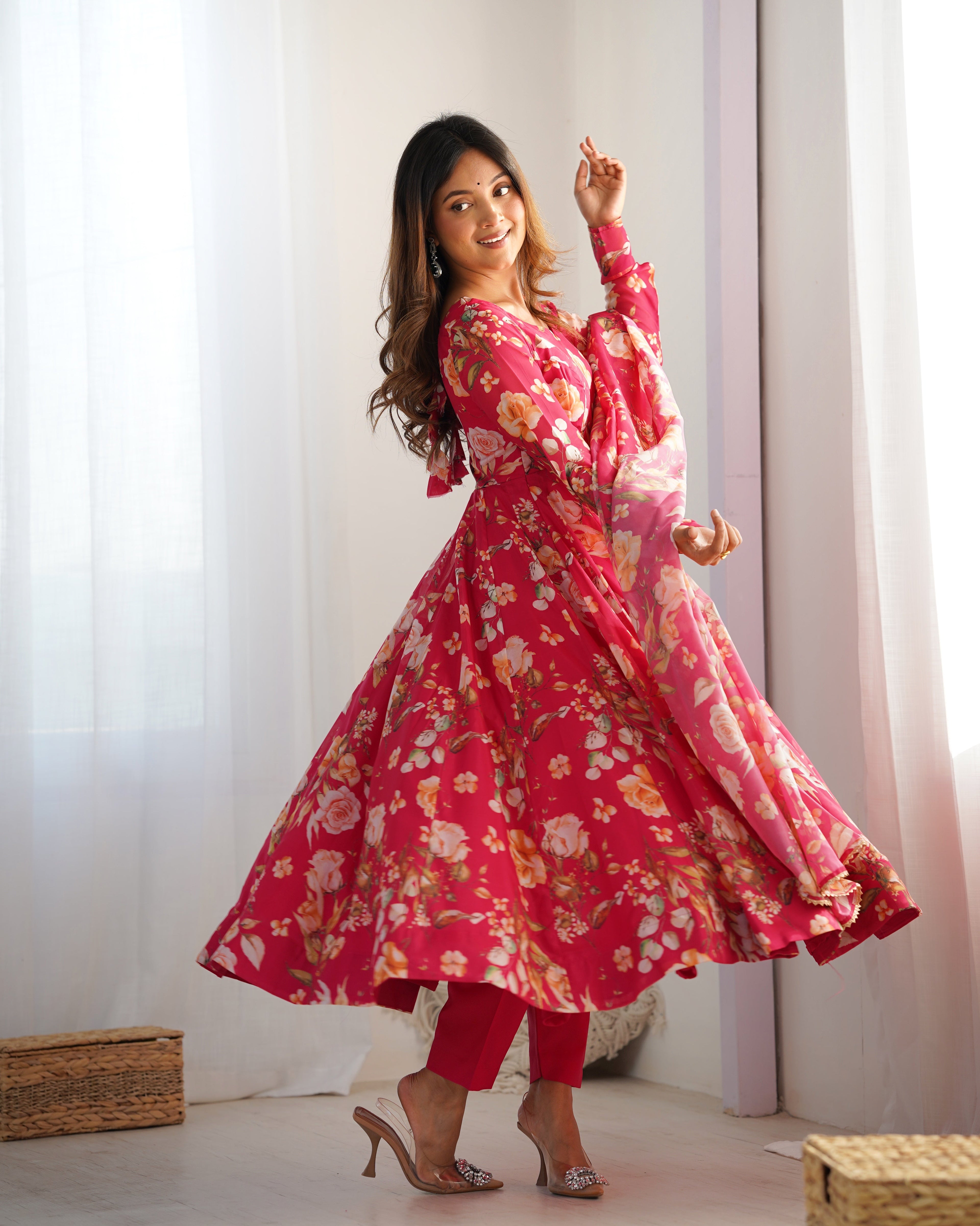 Lorenvalley Magenta Soft Organza Silk With Floral Print Fully Flared Anarkali Pant With Dupatta Set | Grocsy