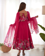Lorenvalley Parrot Soft Organza Silk With Floral Print Fully Flared Anarkali Pant With Dupatta Set - Magenta | Grocsy