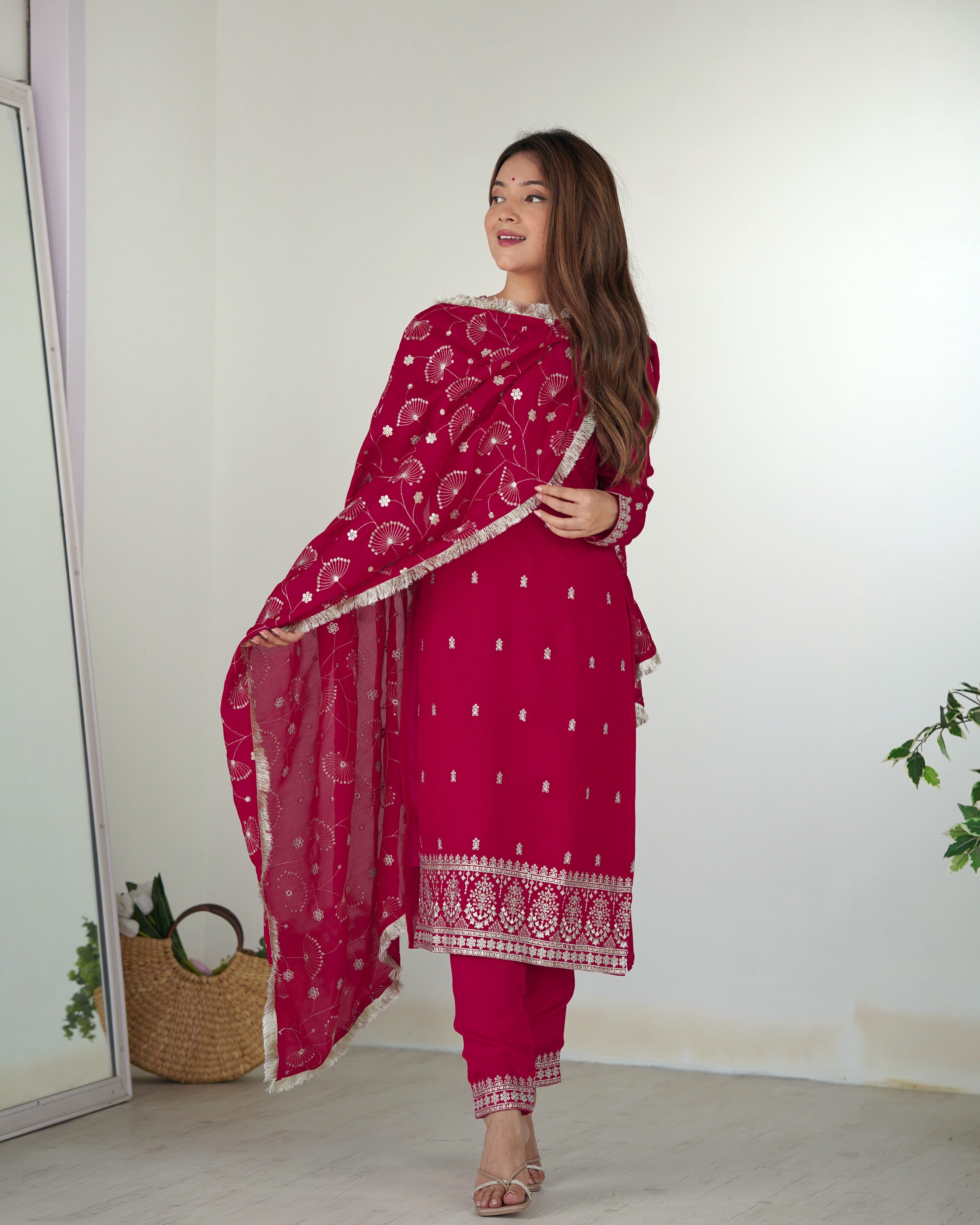Lorenvalley Magenta Rangoli Silk Embroidery Sequence and Jari Work Kurta Trousers with Dupatta Set | Grocsy