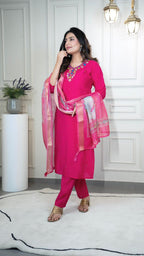 Lorenvalley Fashion Magenta Roman Silk Hand Work Kurta Pant with Dupatta | Grocsy