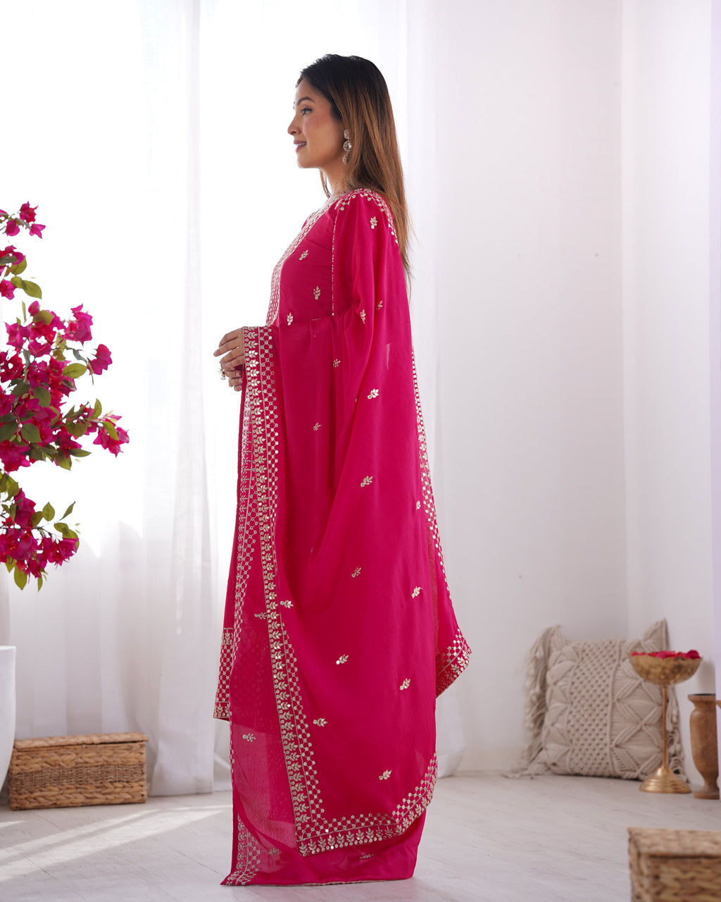 Lorenvalley Magenta Chinon Silk Embroidery Sequence and Jari Work Kurta Trousers with Dupatta Set | Grocsy