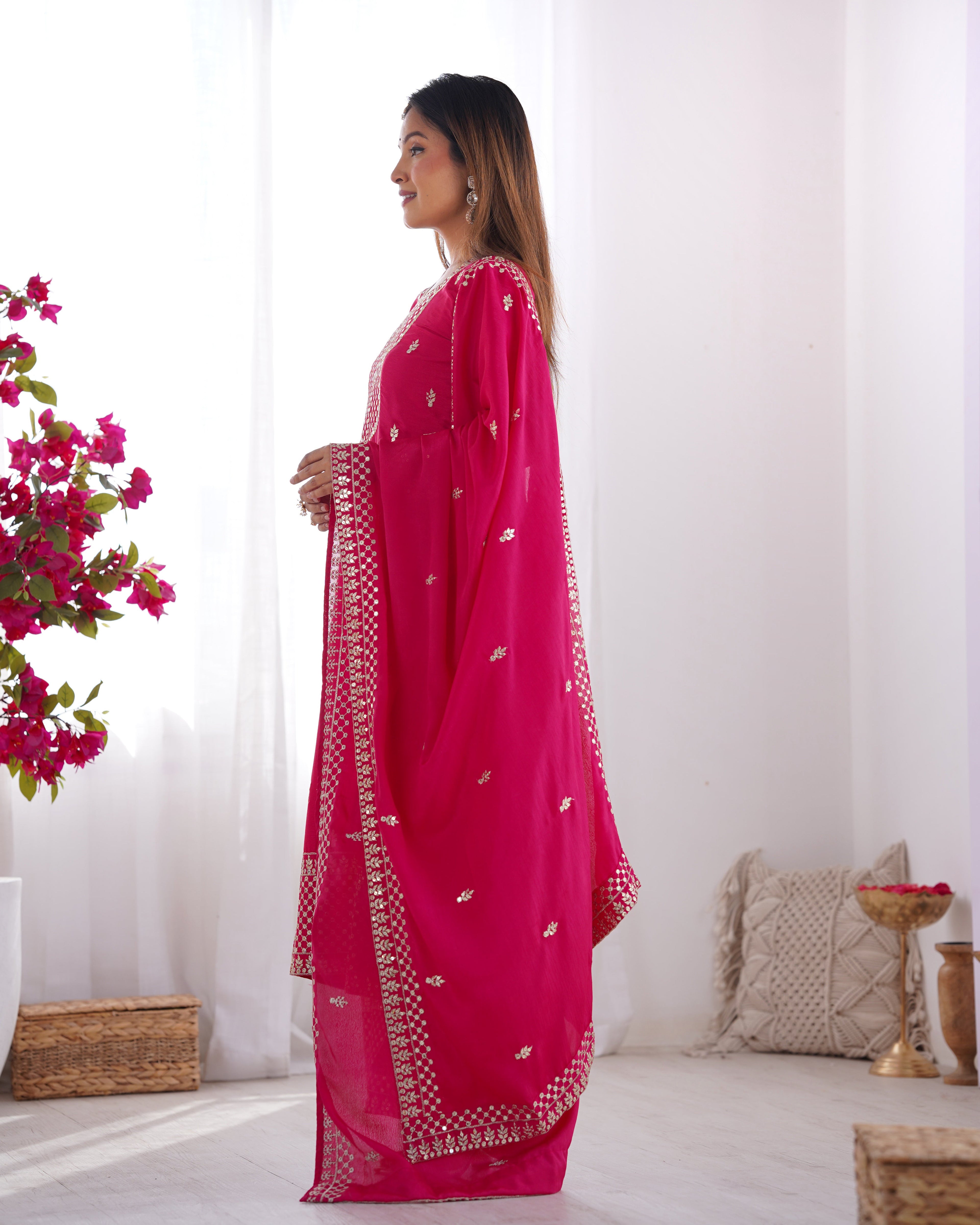 Lorenvalley Magenta Chinon Silk Embroidery Sequence and Jari Work Kurta Trousers with Dupatta Set | Grocsy