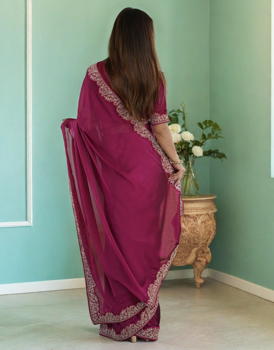 Lorenvalley Fashion Dark Magenta Rangoli Silk with Coding Lace Work Saree with Blouse | Grocsy