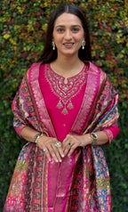 Lorenvalley Fashion Magenta Roman Silk Embroidery Multi Work Kurta Pant with Dupatta | Grocsy
