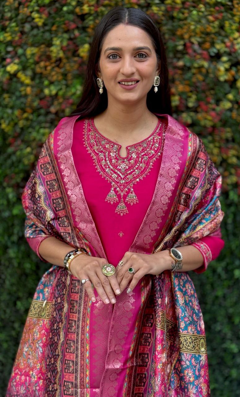 Lorenvalley Fashion Magenta Roman Silk Embroidery Multi Work Kurta Pant with Dupatta | Grocsy