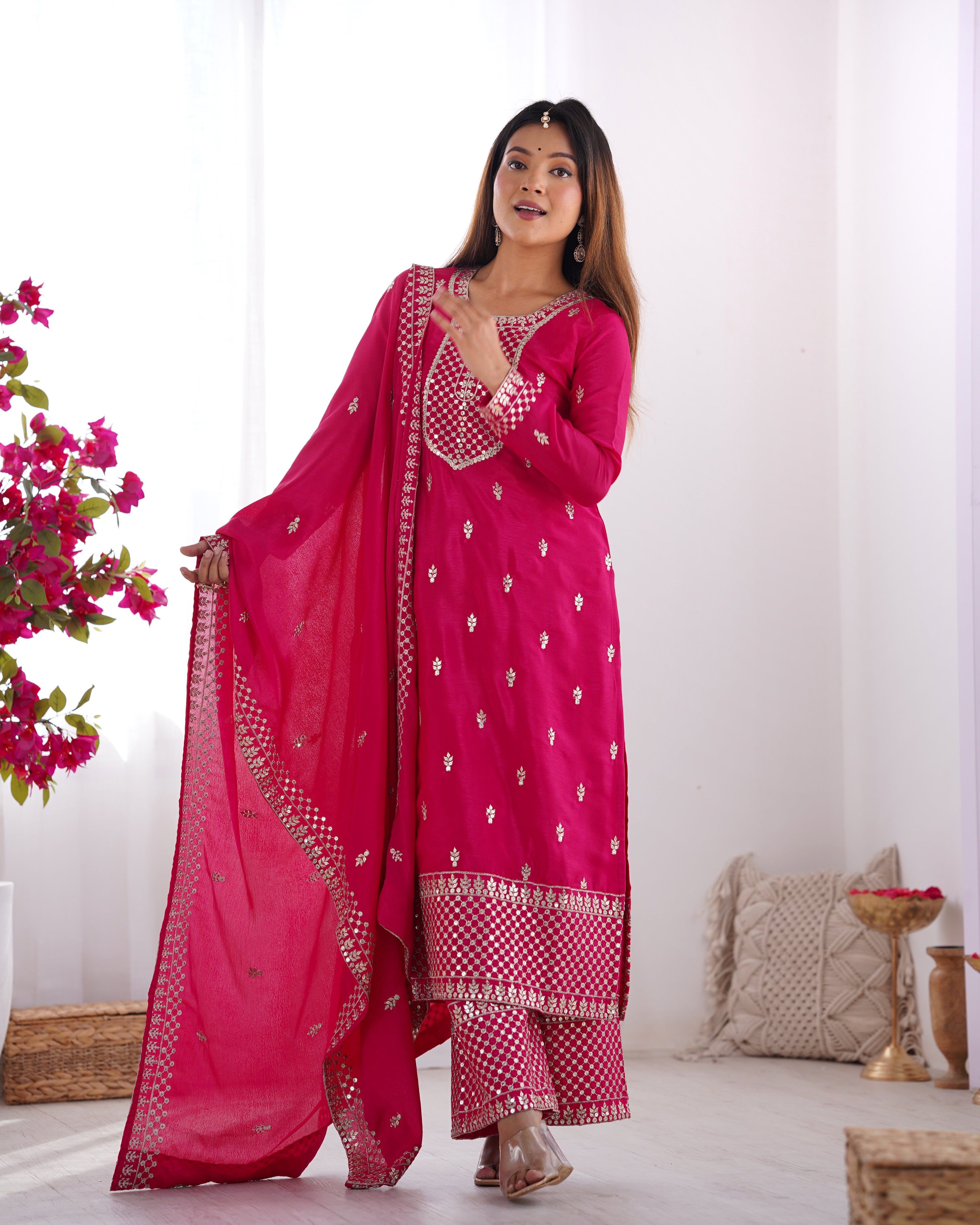 Lorenvalley Magenta Chinon Silk Embroidery Sequence and Jari Work Kurta Trousers with Dupatta Set | Grocsy