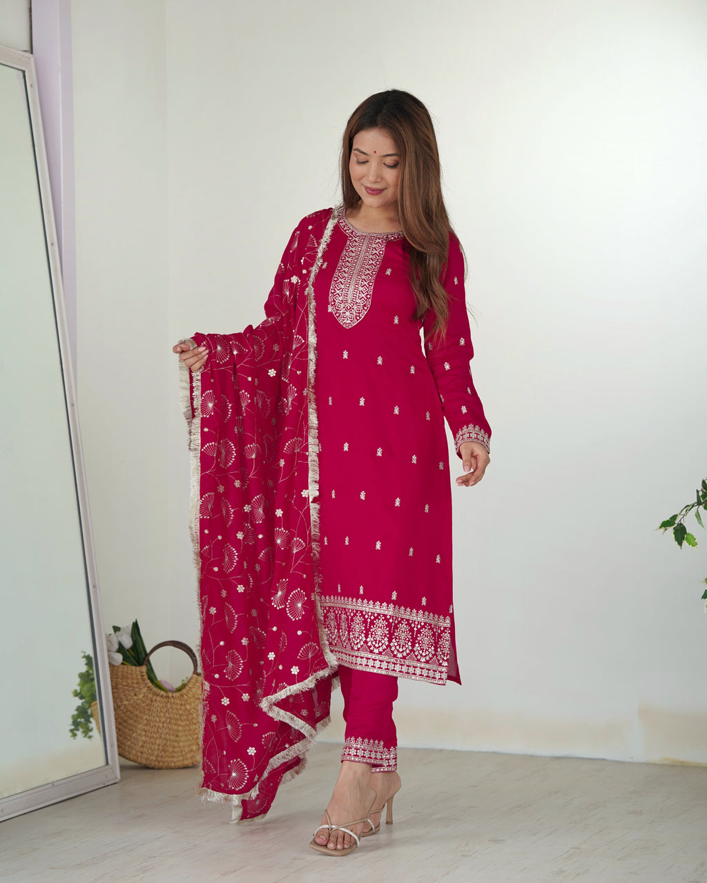 Lorenvalley Magenta Rangoli Silk Embroidery Sequence and Jari Work Kurta Trousers with Dupatta Set | Grocsy