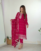 Lorenvalley Magenta Rangoli Silk Embroidery Sequence and Jari Work Kurta Trousers with Dupatta Set | Grocsy