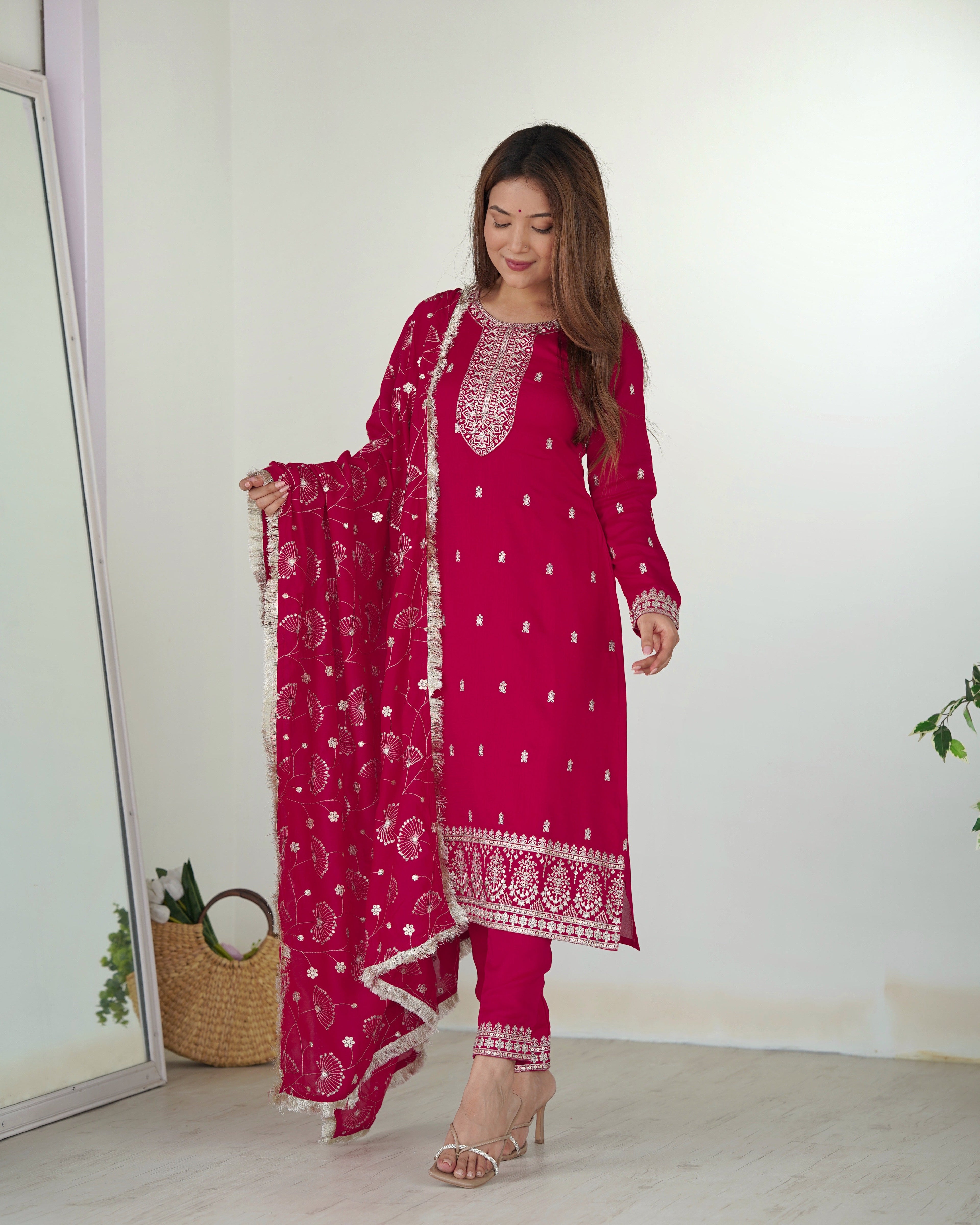 Lorenvalley Magenta Rangoli Silk Embroidery Sequence and Jari Work Kurta Trousers with Dupatta Set | Grocsy