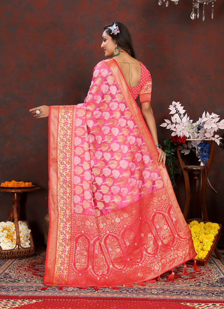 Lorenvalley Fashion Magenta Organza Silk Woven Design with Rich Meenakari Weaving Pallu Saree | Grocsy