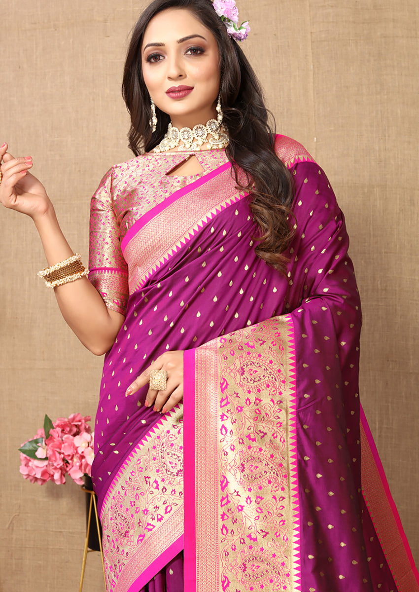 Lorenvalley Fashion Magenta Soft Silk weaving Design Rich Zari Weaving Saree | Grocsy