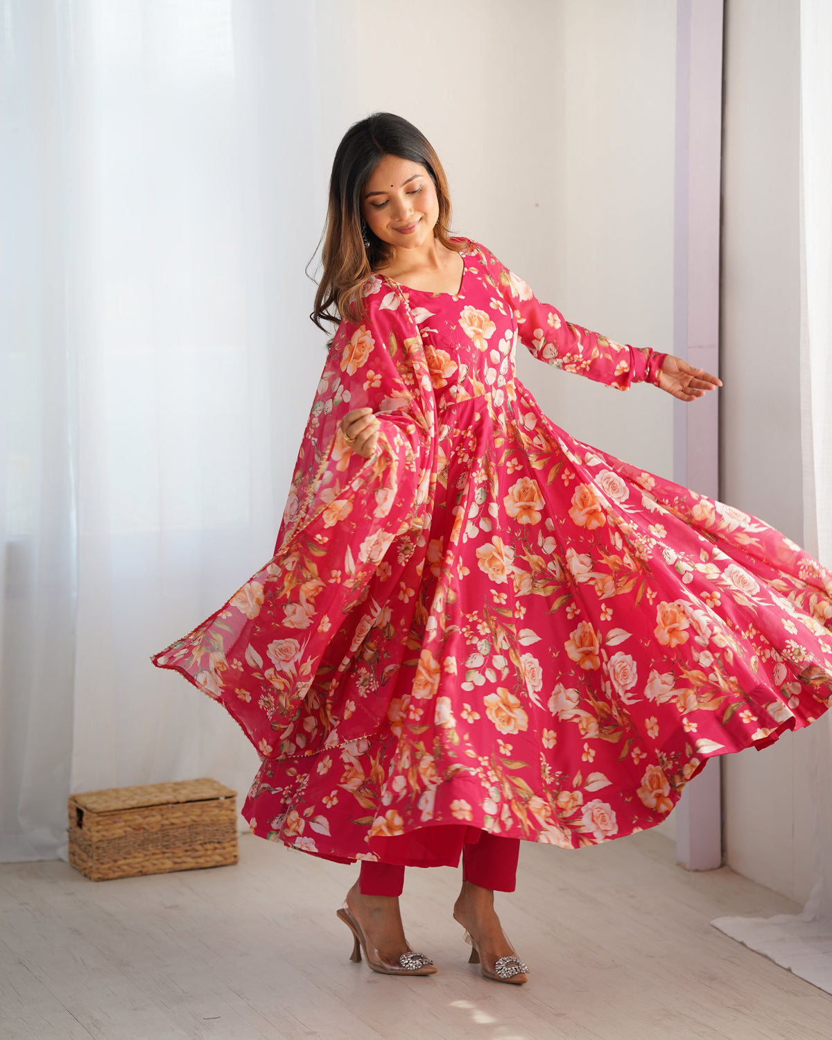 Lorenvalley Magenta Soft Organza Silk With Floral Print Fully Flared Anarkali Pant With Dupatta Set | Grocsy