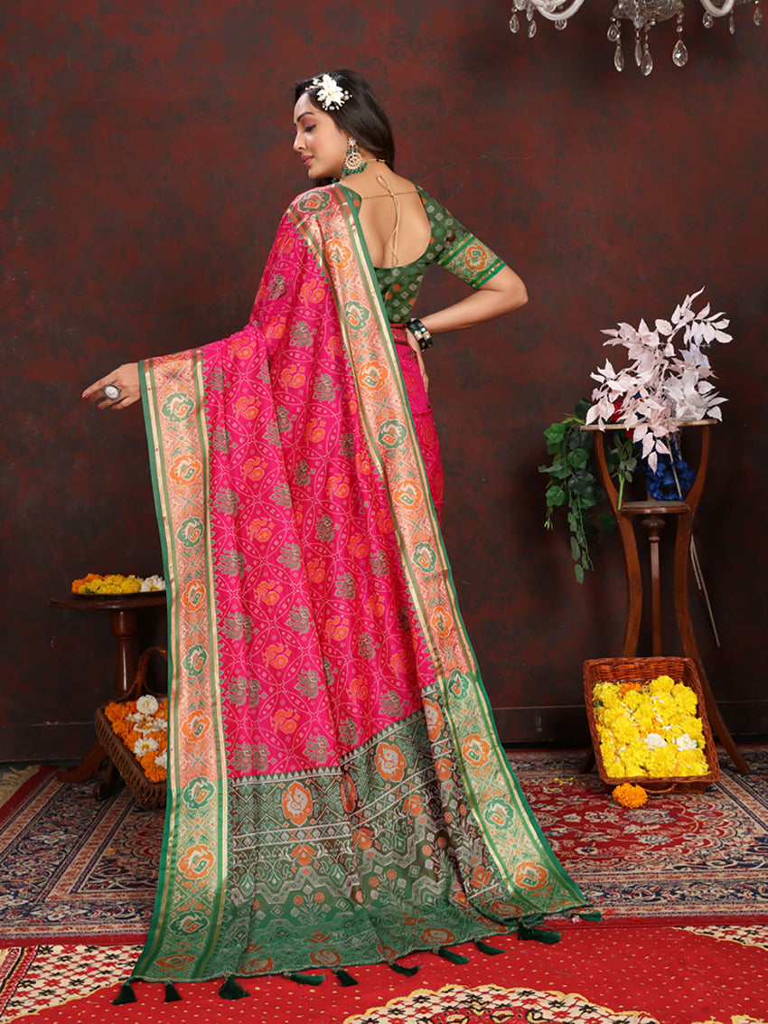 Lorenvalley Fashion Magenta Patola Silk Woven Design with Zari Meenakari Weaving motifs Pallu Saree | Grocsy