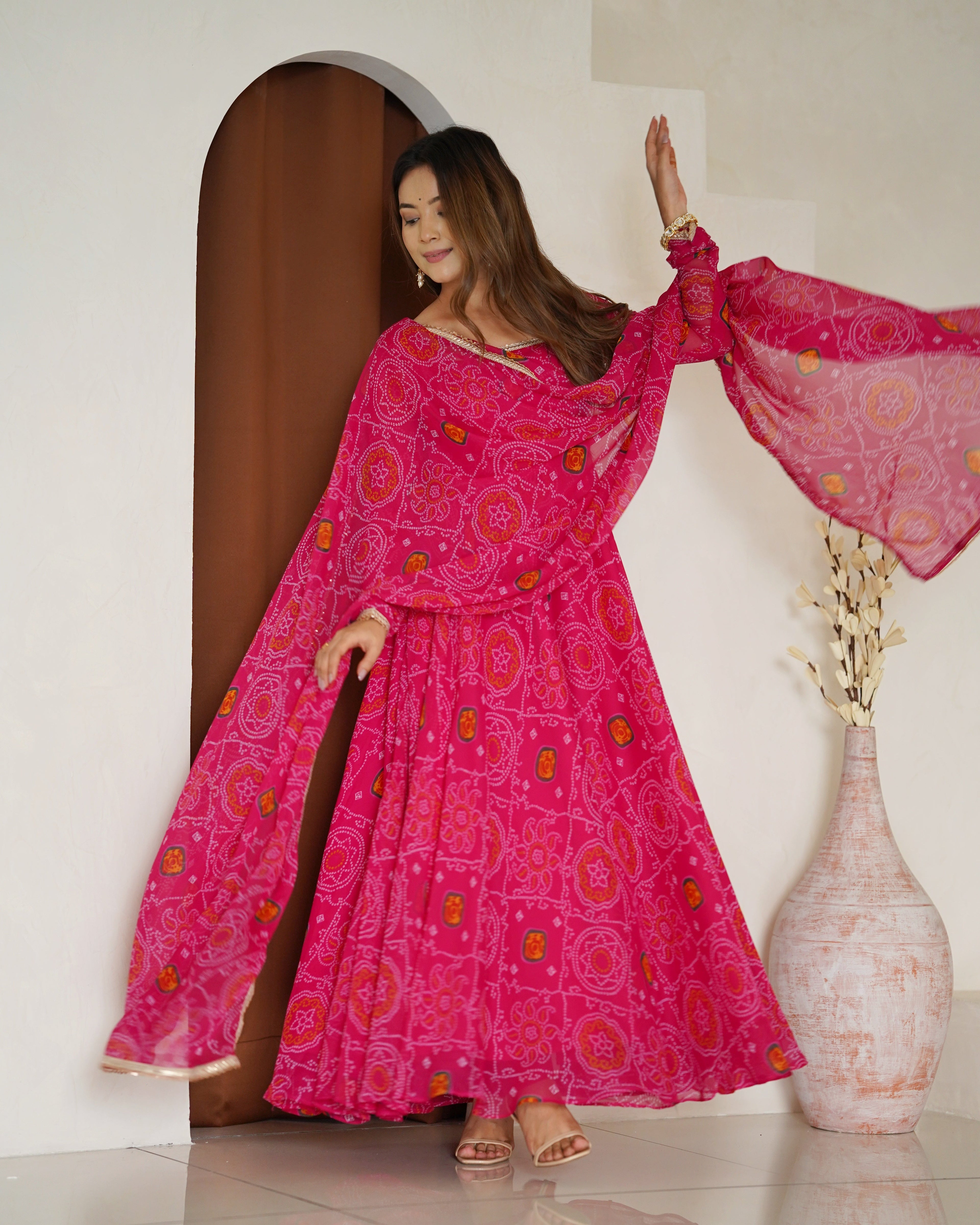 Lorenvalley Women Soft Lightweight Chiffon Bandhej Print Fabric Anarkali Kurta Pant With Dupatta Set | Grocsy