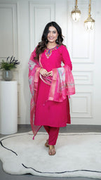 Lorenvalley Fashion Magenta Roman Silk Hand Work Kurta Pant with Dupatta | Grocsy