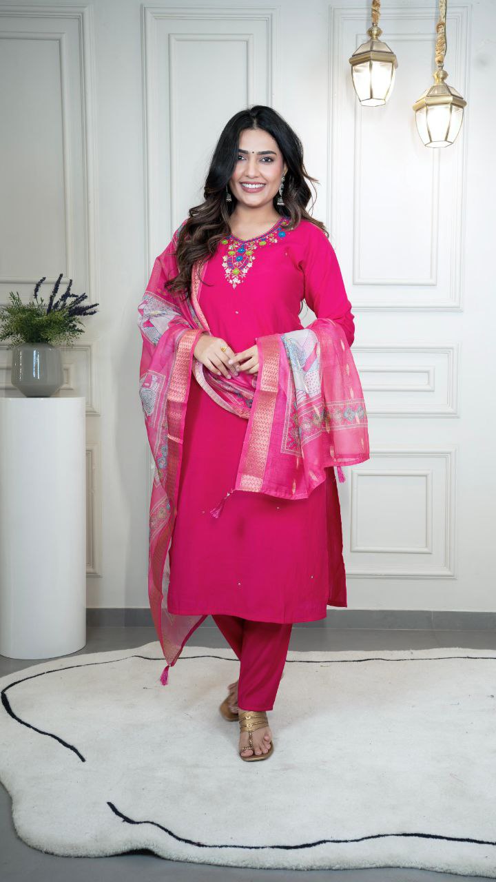 Lorenvalley Fashion Magenta Roman Silk Hand Work Kurta Pant with Dupatta | Grocsy