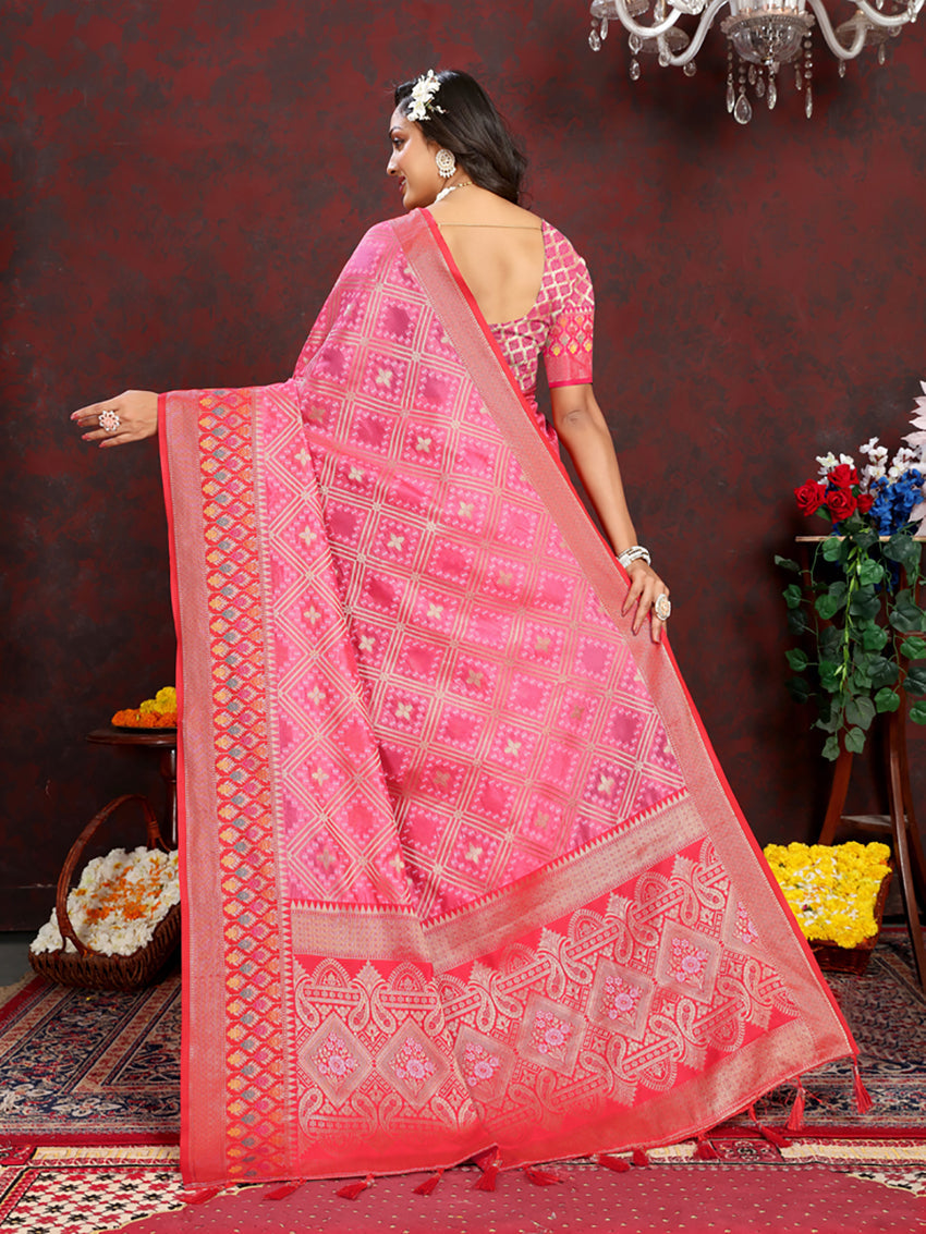 Lorenvalley Fashion Magenta Organza Silk Woven Design with Rich Meenakari Weaving Pallu Saree | Grocsy