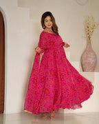 Lorenvalley Women Soft Lightweight Chiffon Bandhej Print Fabric Anarkali Kurta Pant With Dupatta Set | Grocsy